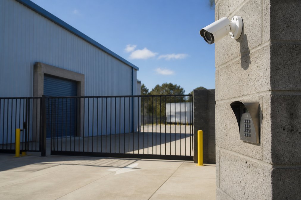 Modern storage facility entrance with electronic gate access pad, mounted CCTV security camera on concrete wall, and secure steel roller door visible in afternoon sunlight