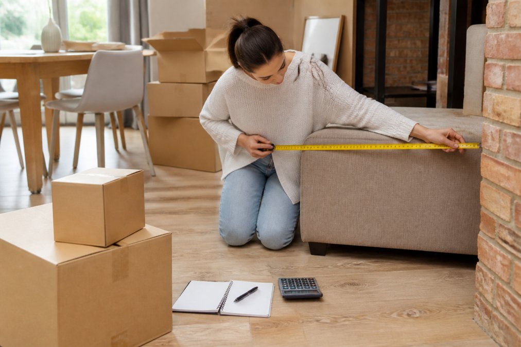 Person measuring furniture dimensions and boxes with measuring tape while reviewing storage needs on notepad and calculator, planning unit size requirements in home setting with natural window light