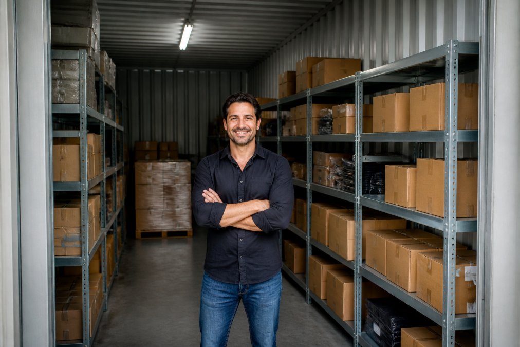 Small business owner standing in front of a clean, well-organised storage unit with metal shelving systems, neatly stacked cardboard boxes labelled with product categories, and bright overhead lighting illuminating the interior