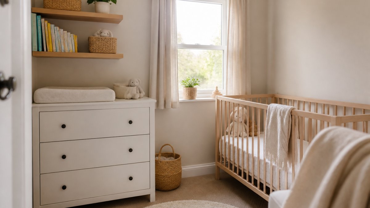 Infographic illustrating space-saving storage techniques for a compact nursery layout