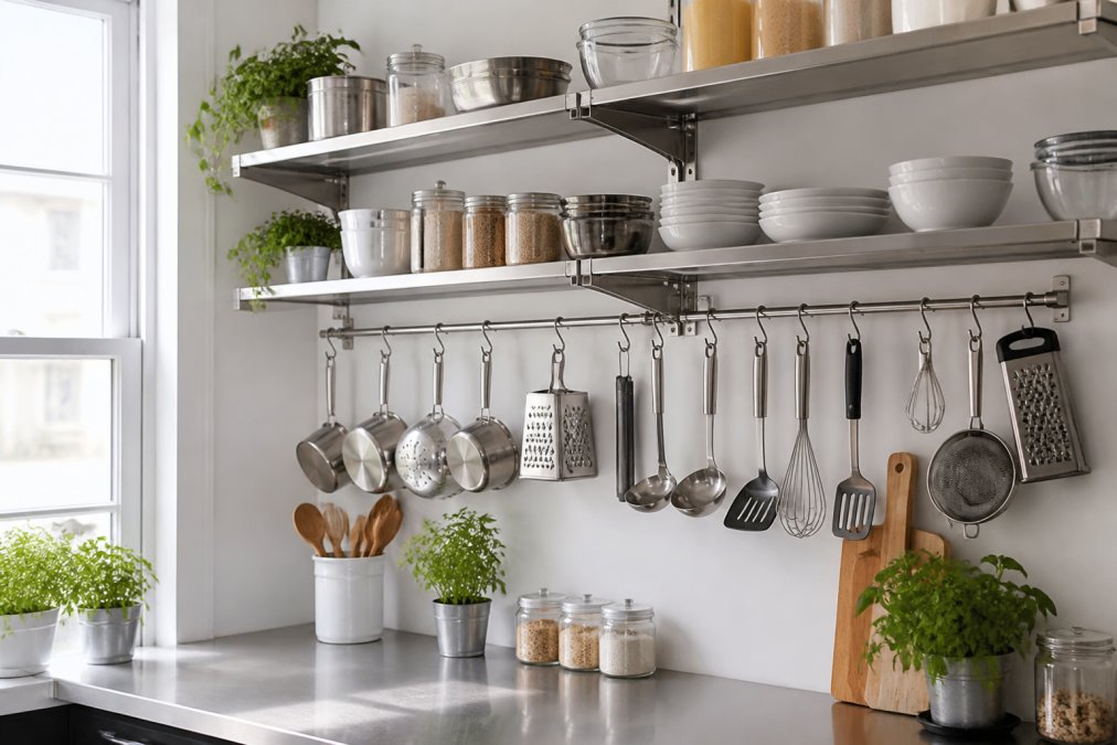 Compact kitchen with stainless steel wall-mounted rails holding hanging utensils, pots, and pans above a countertop, with open shelving displaying neatly organized white and glass containers, bright natural light from a window