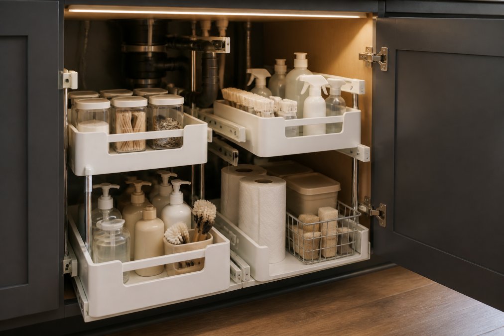 Organized under-sink cabinet with white tiered pull-out organizers holding labeled clear containers, cleaning supplies arranged by category on multiple levels, soft LED light illuminating the interior