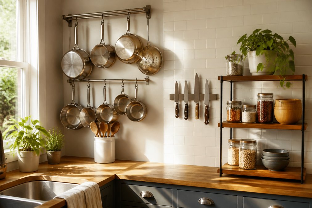 A compact kitchen with wall-mounted vertical racks holding pots and pans, a magnetic knife strip on the tile backsplash, and tiered shelving on the countertop under warm afternoon light
