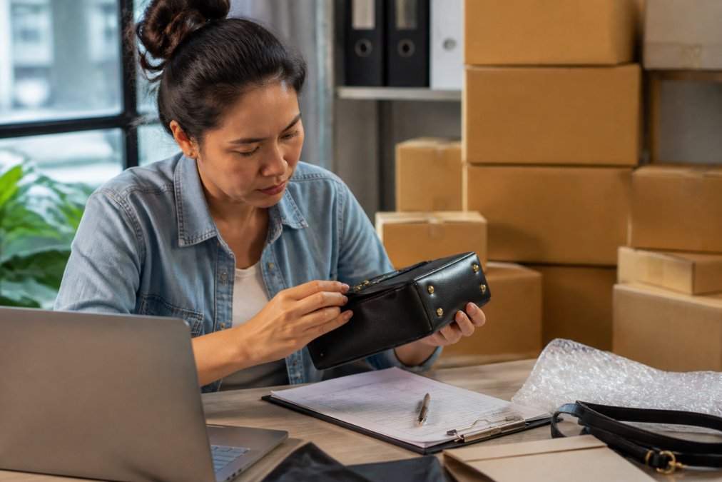A business owner examining a product sample at a desk, comparing it against a checklist on a laptop, with shipping boxes visible in the background under bright office lighting