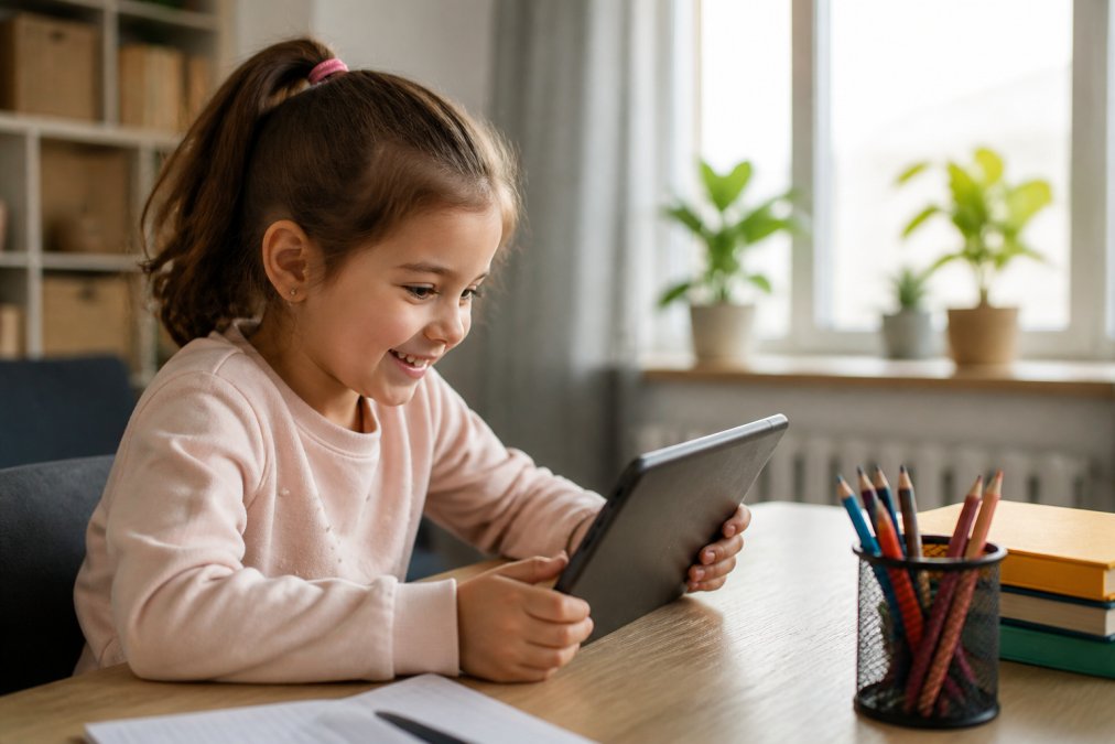Child sitting at desk with tablet, smiling while reading an interactive story with colorful illustrations visible on screen, warm natural lighting from window