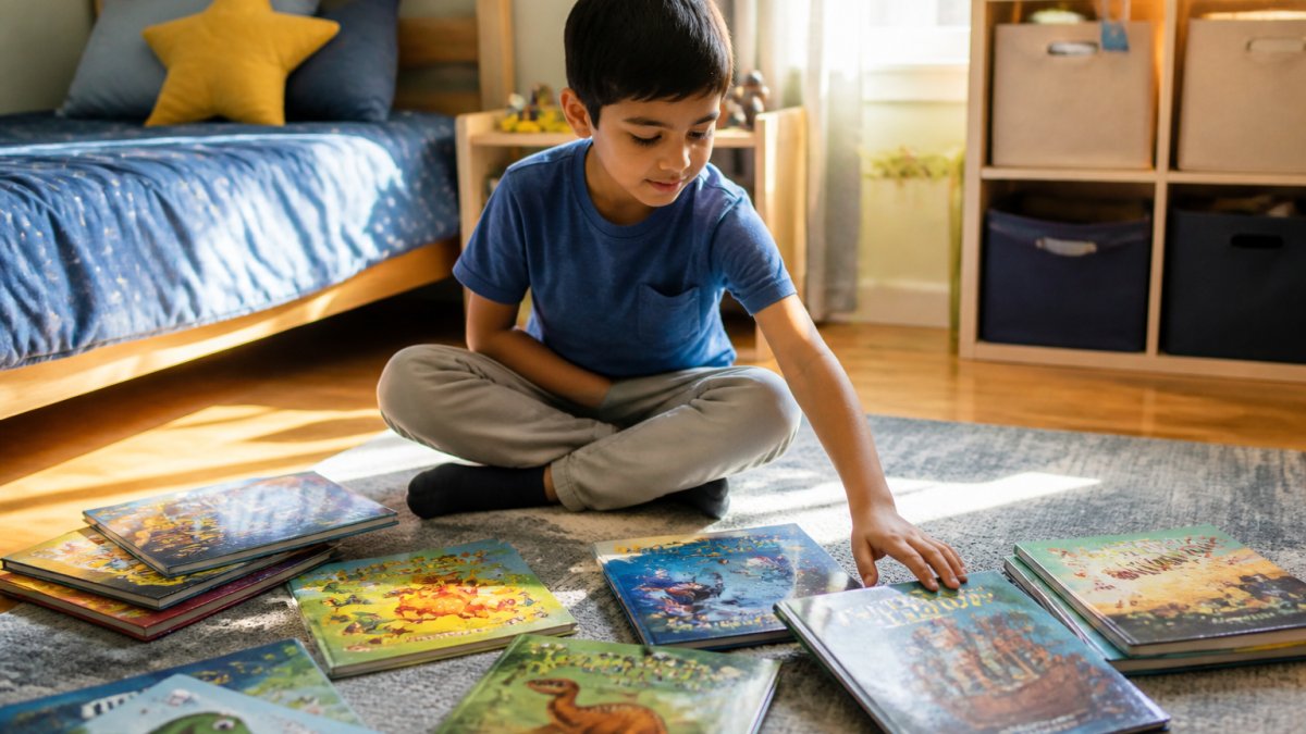 Child sitting on a bedroom floor surrounded by colorful picture books in soft afternoon sunlight