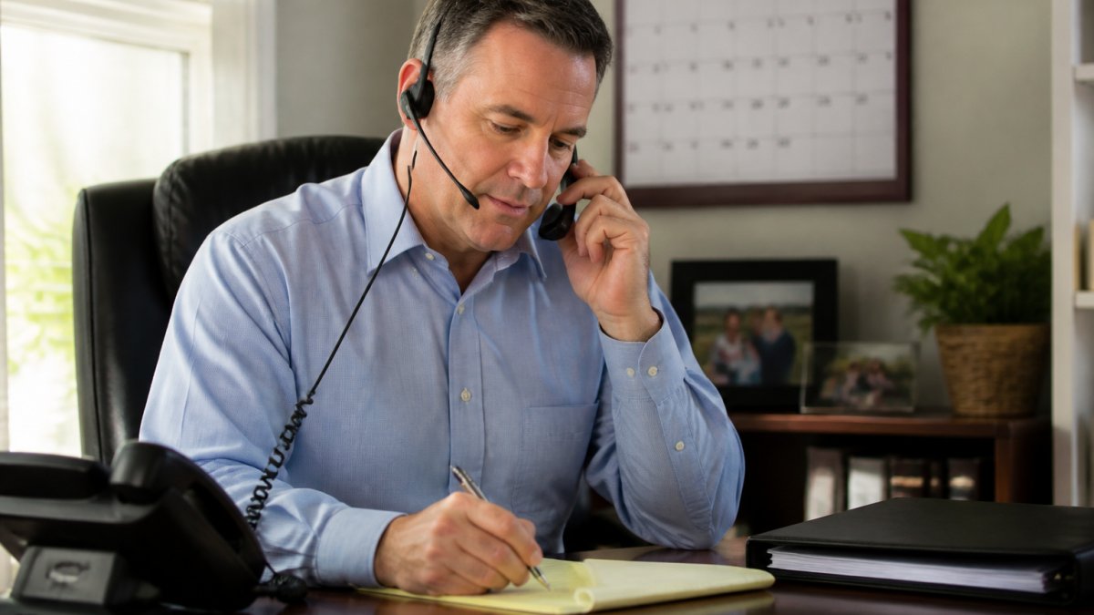 Financial advisor using a headset and taking notes for annuity lead generation follow-up calls in a bright office.