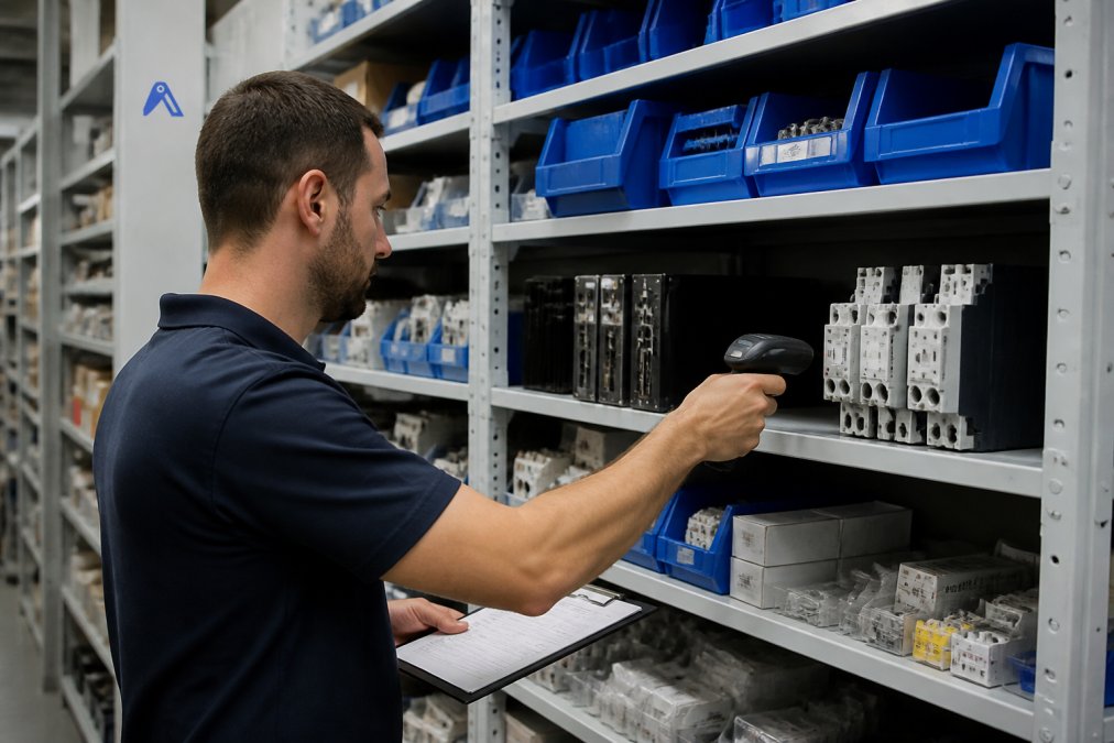 Maintenance technician scanning barcode on industrial spare parts shelving in a well-organized warehouse, with multiple bins and labeled automation components visible under fluorescent lighting