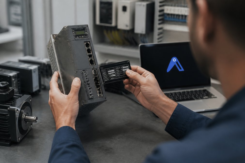 Close-up of a technician's hands holding a PLC or servo drive component, examining it against a nameplate or part number label under workshop lighting