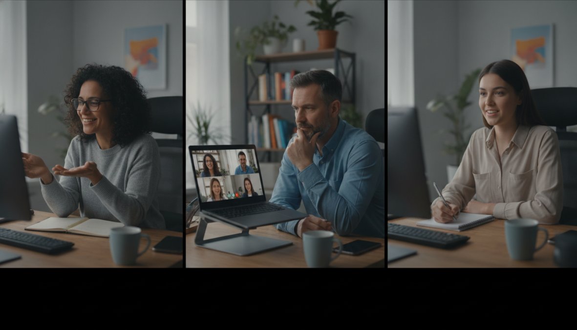 A diverse remote team engaged during a video conference call, with multiple people visible on laptop screens, showing focused attention and collaborative engagement at their home workspaces