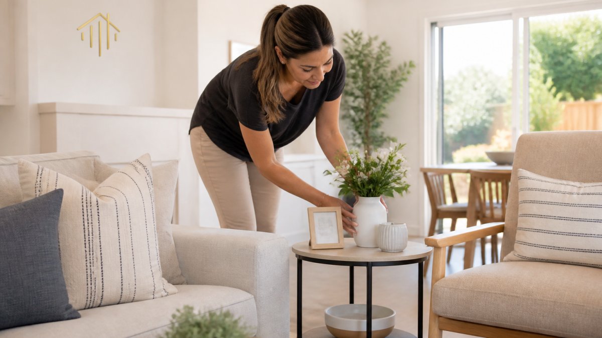 Homeowner staging a bright, decluttered living room with neutral furniture and fresh flowers on a side table, natural light streaming through clean windows