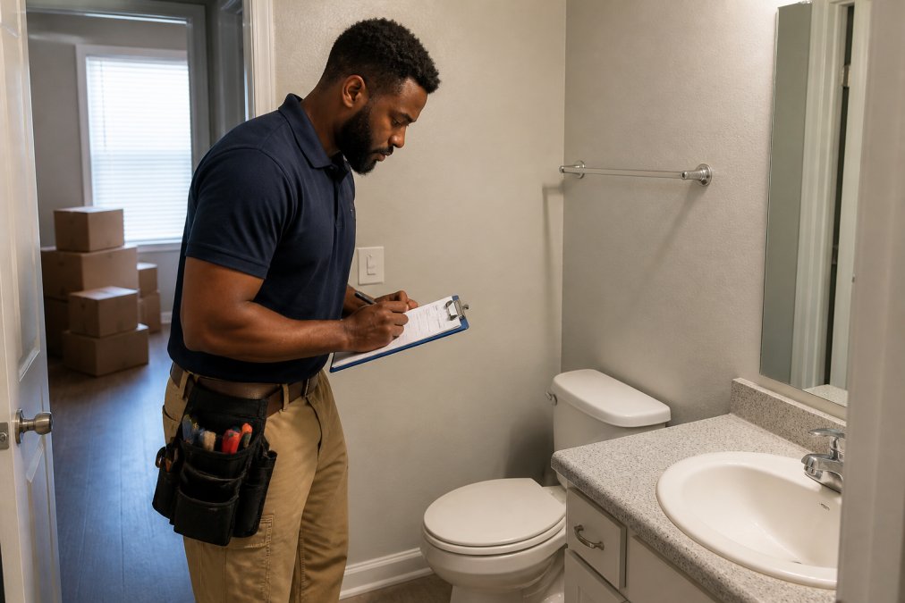 Maintenance technician checking a bathroom during student housing maintenance with moving boxes nearby