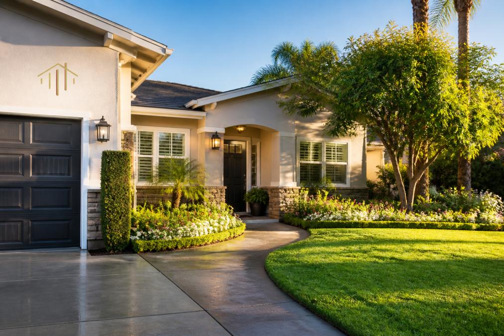 Well-maintained home exterior with fresh landscaping, clean driveway, inviting front entrance, and manicured lawn on a bright sunny morning