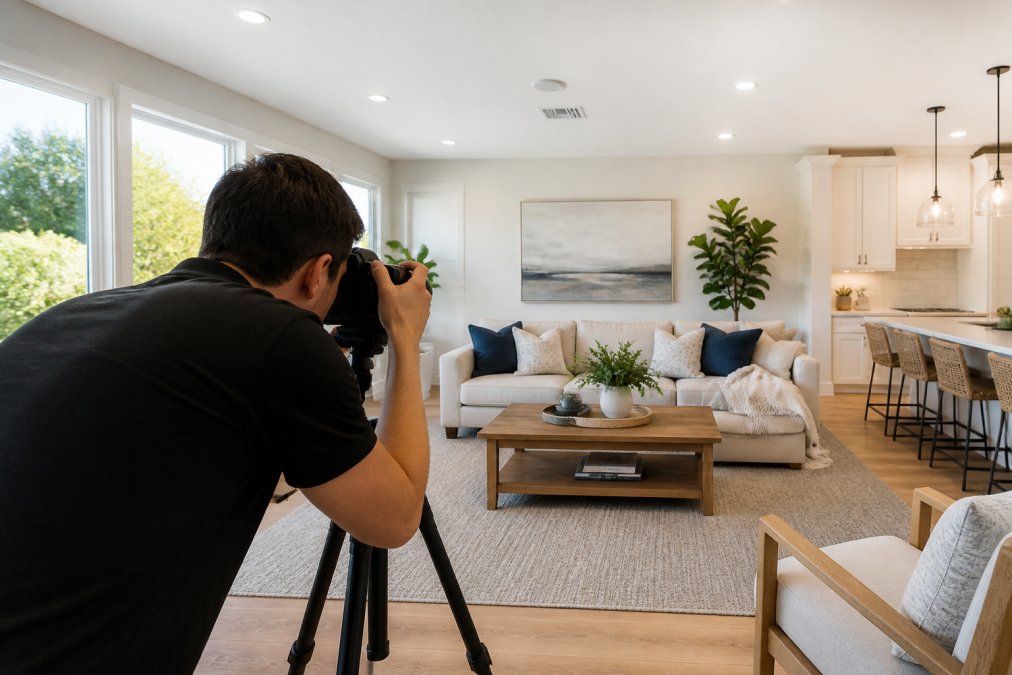 Professional real estate photographer capturing a bright, staged living room with natural light, using professional camera equipment on tripod