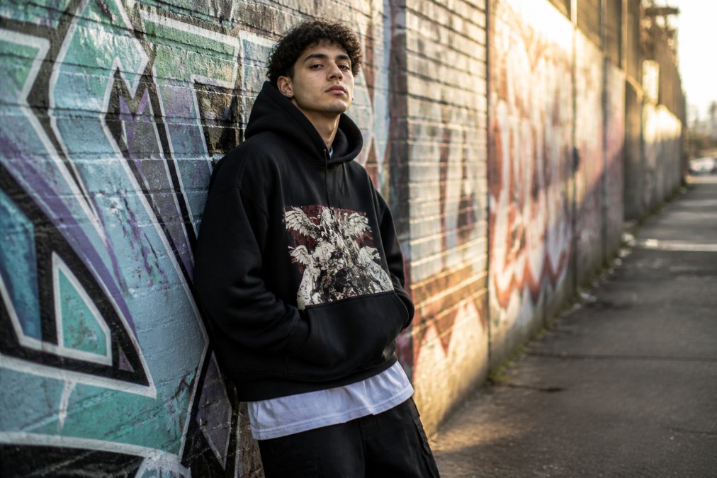 A young adult in an oversized graphic hoodie and layered tee standing against a graffiti-covered brick wall, hands in pockets, confident posture, late afternoon light