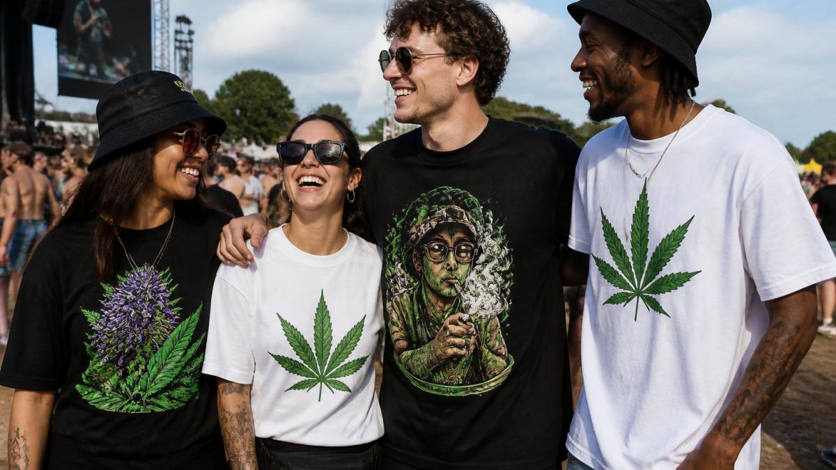 Group of young adults wearing bold cannabis-themed graphic tees at an outdoor music festival, laughing and posing together in casual streetwear