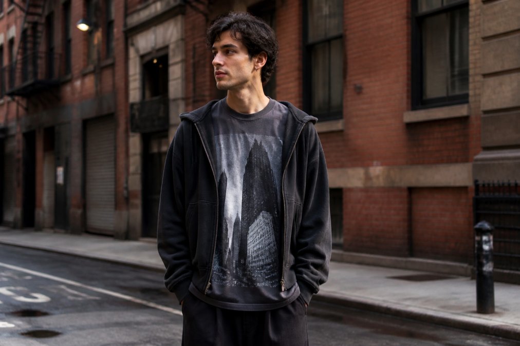 Stylish man in an oversized graphic tee and hoodie defining city identity on a textured urban street corner.