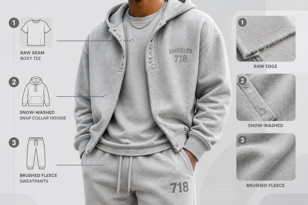 Close-up of carefully layered minimalist streetwear outfit showing raw seam boxy tee under snow-washed snap collar hoodie, paired with brushed fleece sweatpants, textured fabrics visible in natural daylight, showcasing how pieces work together without visual chaos
