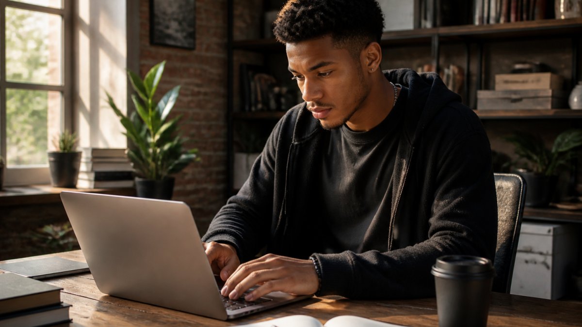 Young entrepreneur in casual streetwear sitting at a wooden desk with laptop, natural window light illuminating focused expression, wearing a motivational graphic tee
