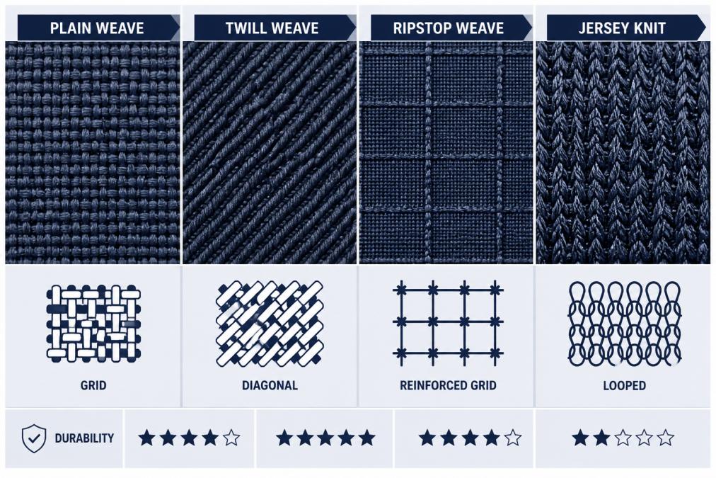 Close-up macro photograph of four fabric swatches side by side showing plain weave grid pattern, twill diagonal lines, ripstop reinforcement grid, and jersey knit loops under bright workshop lighting
