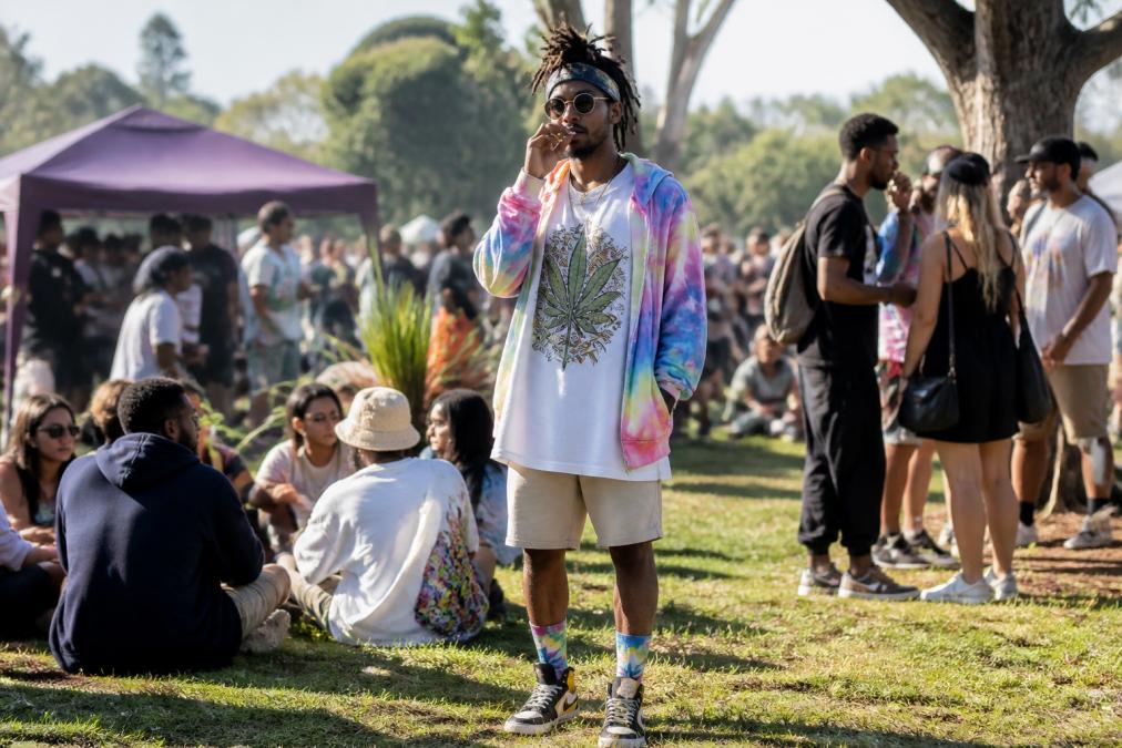 Person wearing an oversized graphic tee layered with a tie-dye hoodie and colorful crew socks, posed in a relaxed stance at an outdoor cannabis-friendly gathering, showing how pieces come together for a complete streetwear look
