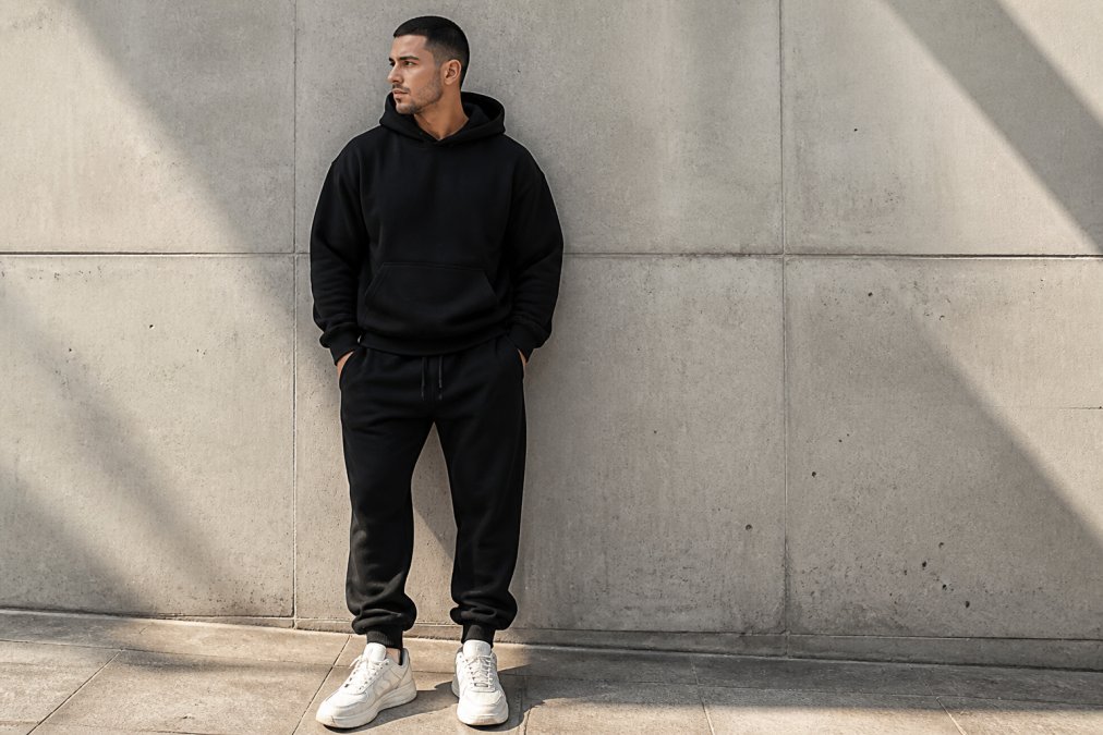 A person wearing an oversized black hoodie and matching heavyweight joggers, standing against a minimalist concrete wall, natural daylight casting soft shadows