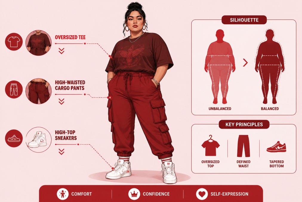 Person with plus-size frame wearing oversized heavyweight graphic tee with subtle print, high-waisted cargo pants with tapered ankles, and white high-top sneakers, standing confidently in natural daylight showing balanced proportions and silhouette