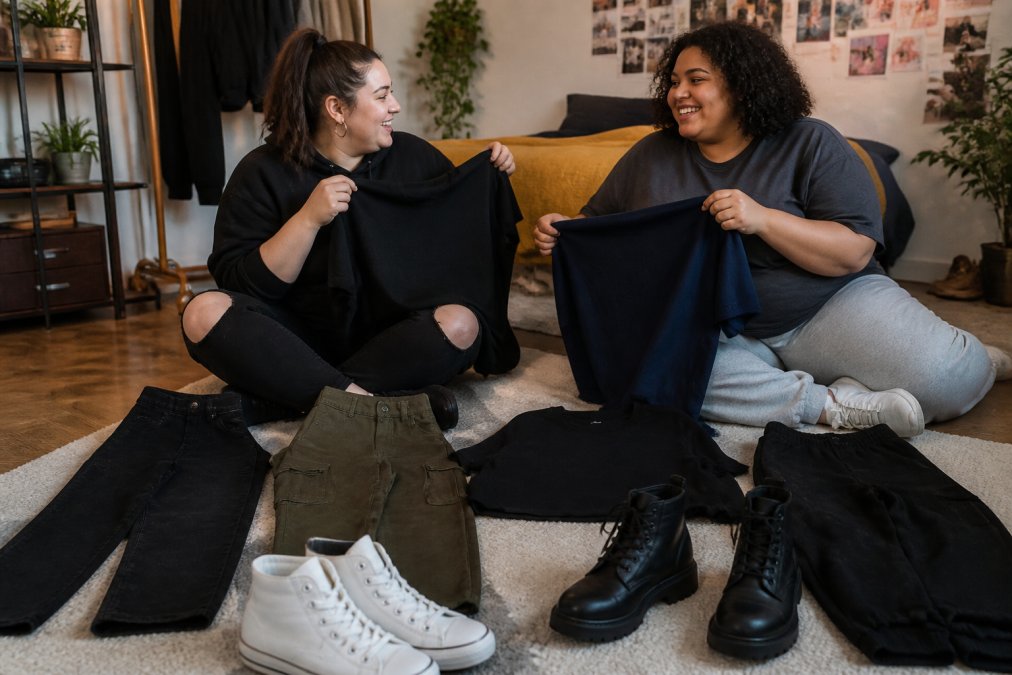 Flat lay arrangement of plus-size streetwear essentials including oversized heavyweight graphic tees in black and navy, high-waisted straight-leg black jeans, olive cargo pants with tapered ankles, black oversized joggers, white high-top canvas sneakers, and chunky black boots arranged on neutral linen background