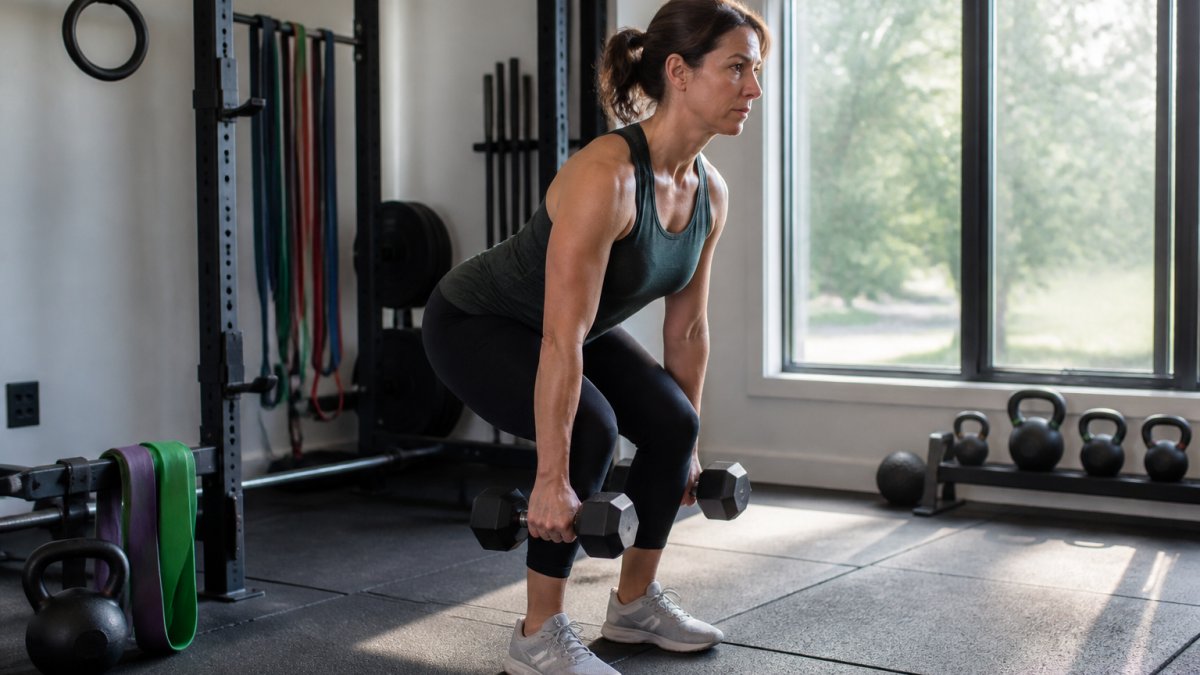 A woman in her mid-forties performing a dumbbell deadlift in a bright home gym, with a kettlebell and resistance bands visible nearby, focused expression, natural light
