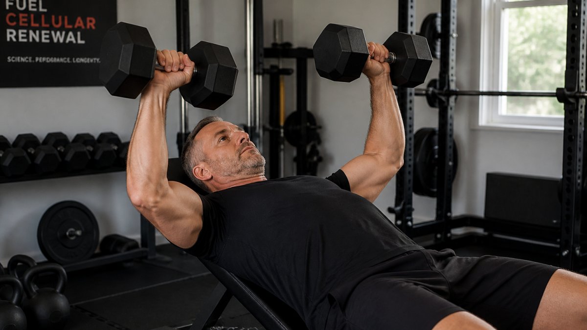 A man in his mid-40s performing a dumbbell bench press in a clean home gym, focused expression, proper form, natural lighting