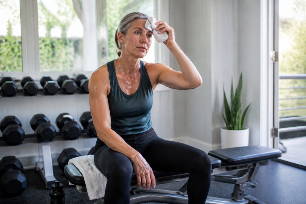 A woman in her early fifties resting between sets on a flat bench in a bright home gym, wiping her forehead with a towel, dumbbells racked behind her, morning light through large windows