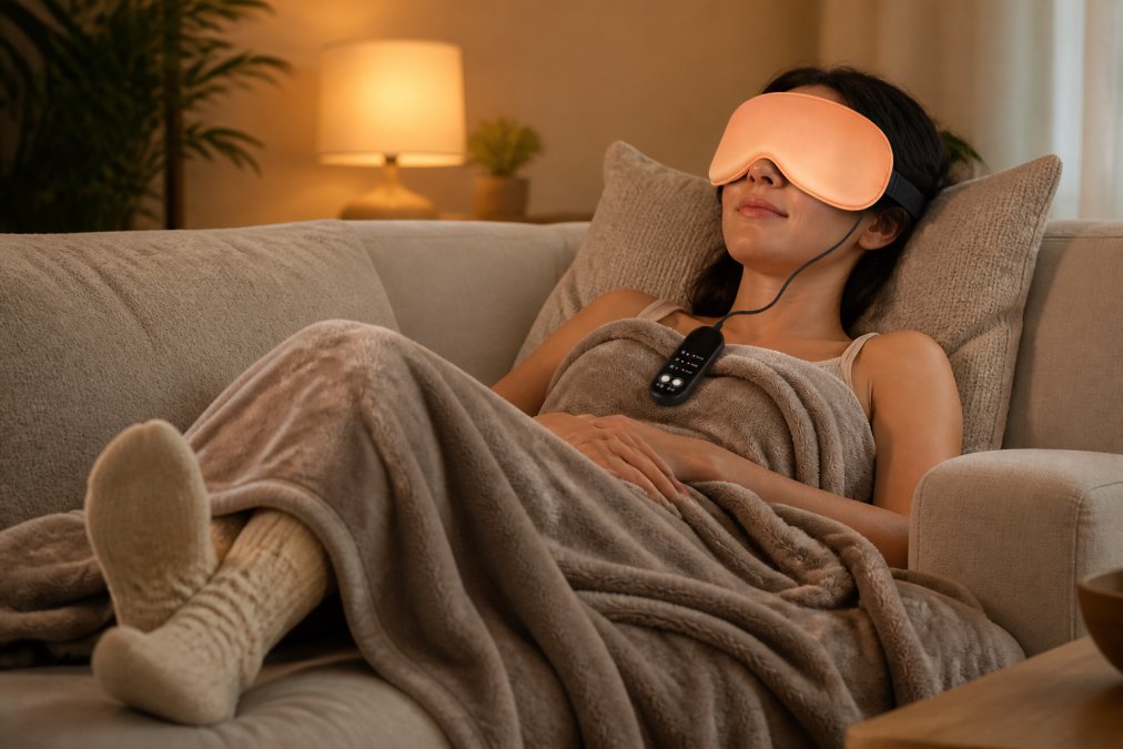 Adult relaxing on sofa at home wearing cosy socks and wrapped in heated blanket, warm lighting from lamp creating calm atmosphere, peaceful expression