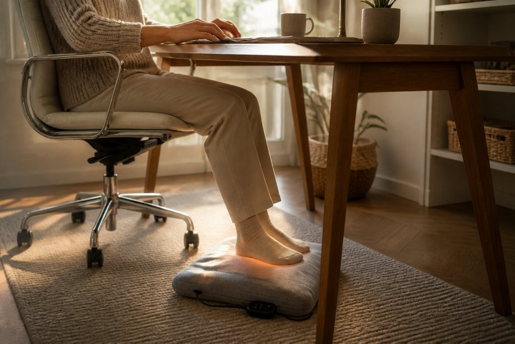Close-up of person's feet resting on heated foot cushion whilst working at desk, warm glow from cushion, relaxed posture, natural afternoon light through window