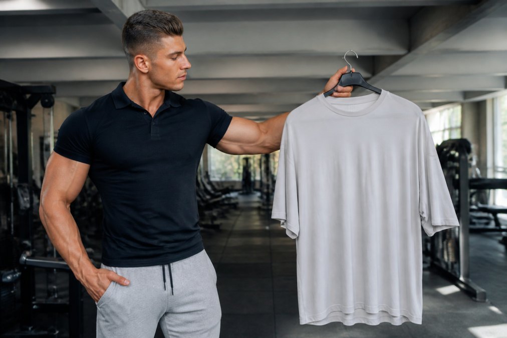Infographic comparing muscle-fit and oversized cuts using the best stretch fabric for athletic wear in a gym setting