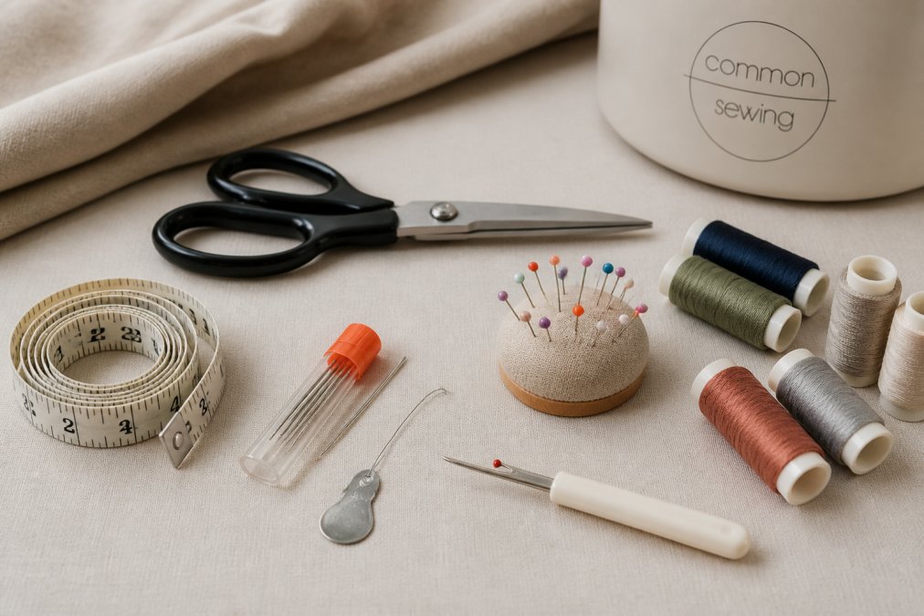 Flat-lay arrangement of essential beginner sewing tools on a neutral background: scissors, measuring tape, needle, thread spools in various colors, pins, seam ripper, and a small needle threader