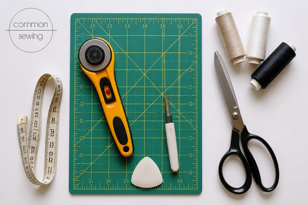 Flat lay of beginner sewing notions arranged neatly on a white surface: rotary cutter, cutting mat, seam ripper, tailor's chalk, measuring tape, thread spools, and fabric scissors