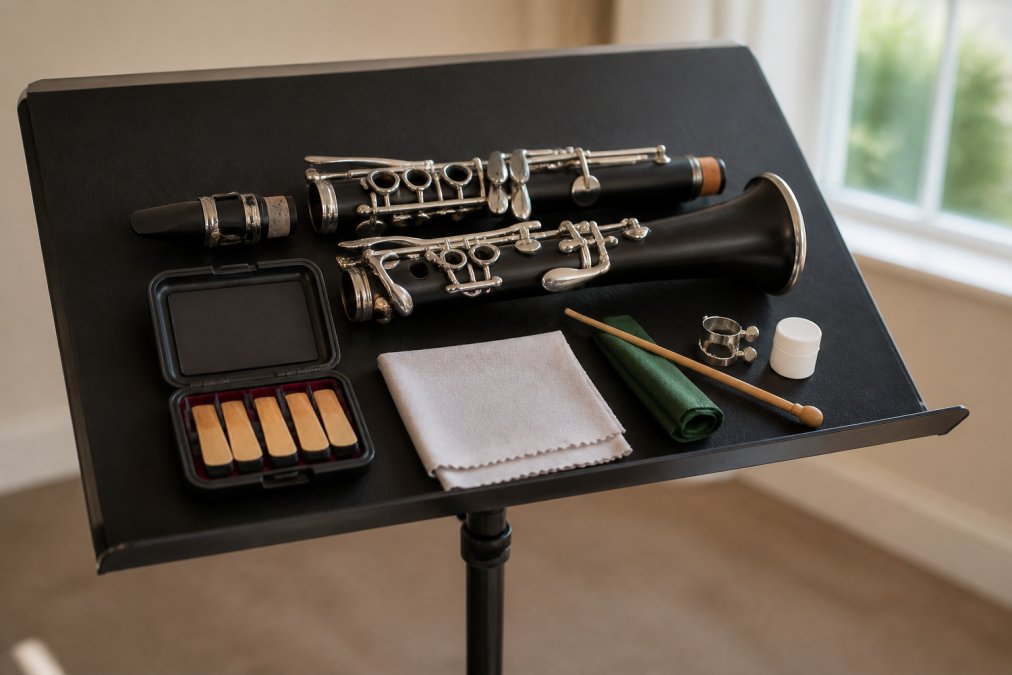 Student clarinet laid out on a music stand with essential accessories arranged nearby including reeds in a case, soft cleaning cloth, wooden swab, ligature, and small cork grease container in natural daylight