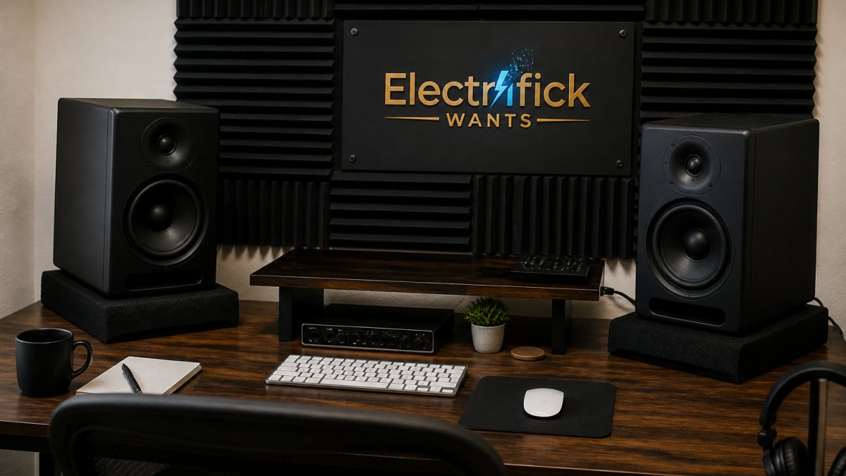 A home studio desk with two compact studio monitors on isolation pads, angled toward a listening position, with acoustic foam panels visible on the wall behind them