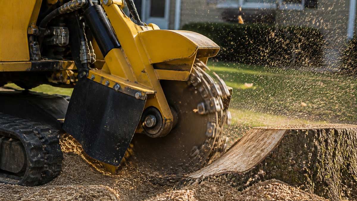Close-up of a track-mounted stump grinder's cutting wheel with carbide teeth biting into a large oak stump, wood chips flying, late afternoon light on a residential lawn