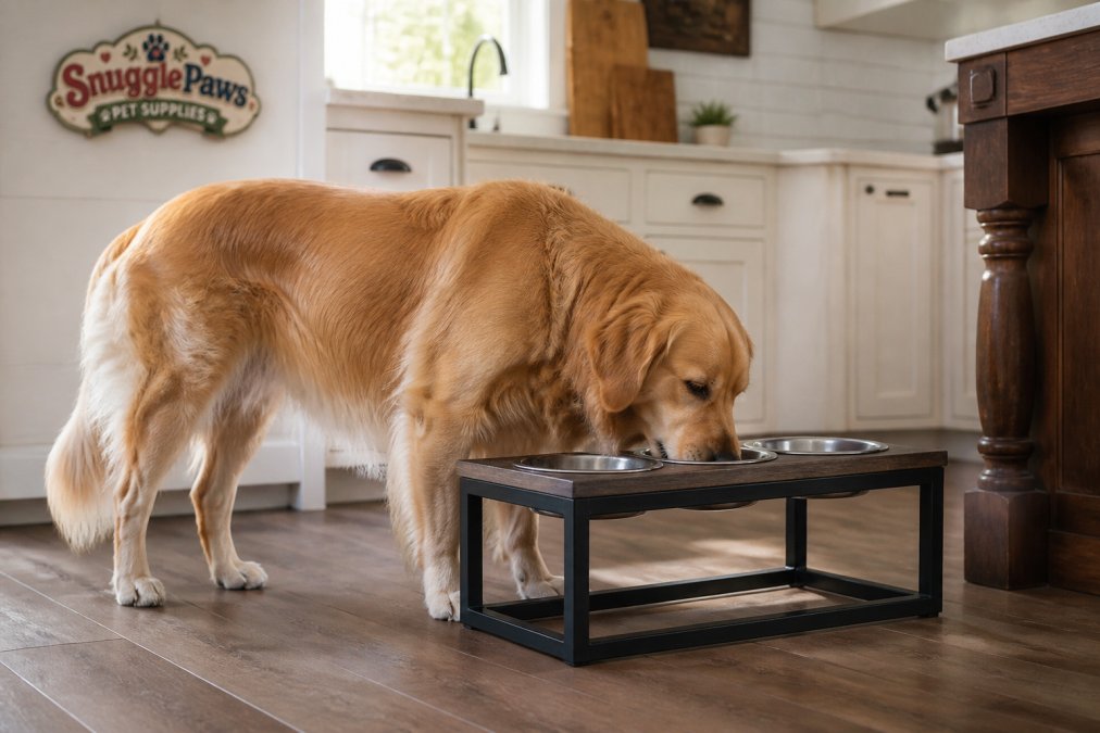 Large golden retriever eating from an elevated feeding station in a bright kitchen, showing proper posture and sturdy construction in a real home setting
