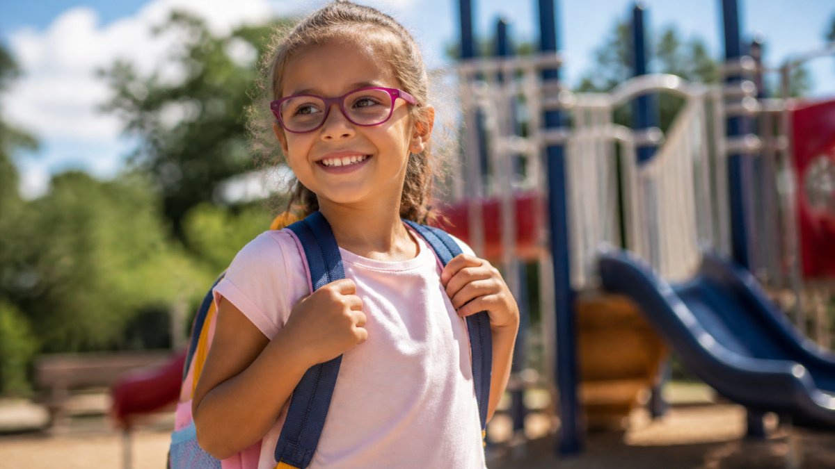 Child wearing colorful, trendy eyeglasses frames with a confident smile, playing outdoors in bright natural sunlight with a blurred playground background