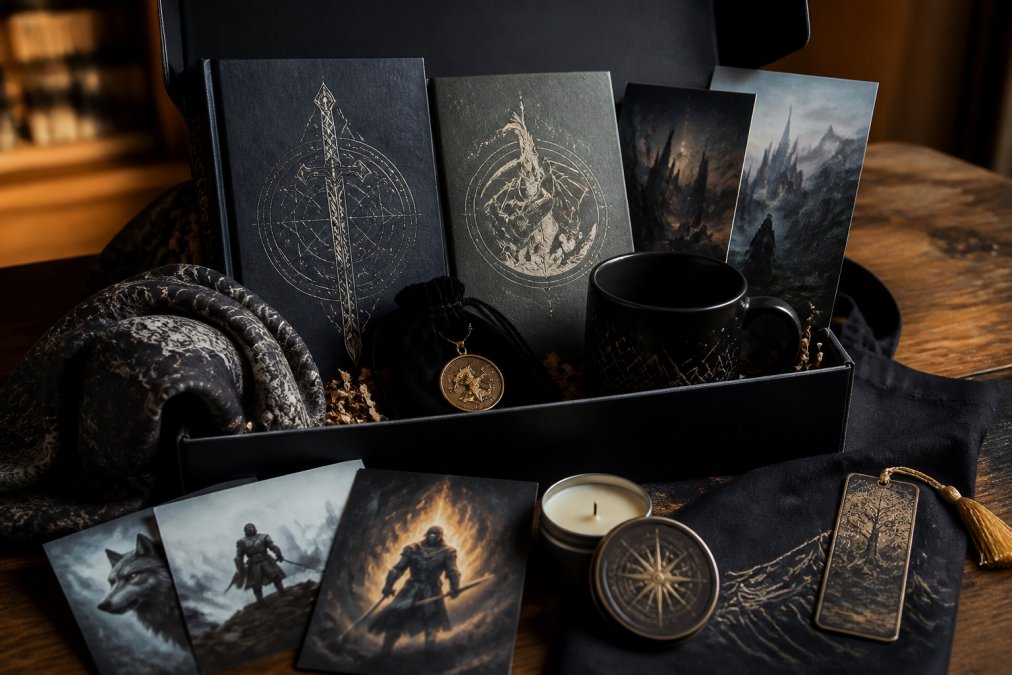 Carefully arranged subscription box contents displaying hardcover fantasy novels, collectible bookmarks, exclusive edition covers, and fantasy-themed merchandise on a wooden surface with warm atmospheric lighting