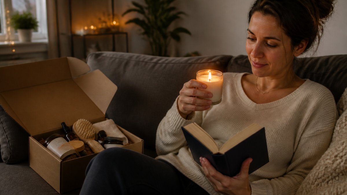 A mom relaxing on a couch with a subscription box open beside her, holding a candle and a book, warm evening light, cozy living room setting