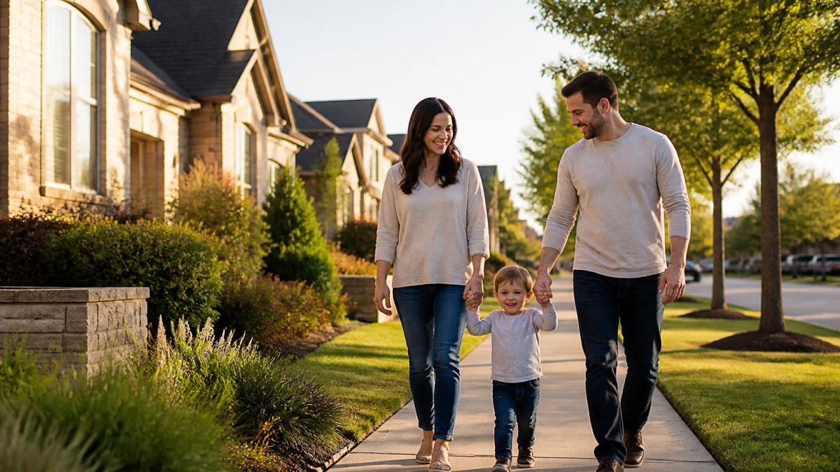 Young family walking together on a tree-lined suburban street with well-maintained single-family homes and manicured lawns in the background