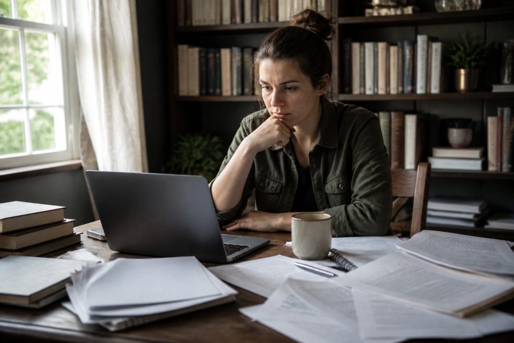 Fiction writer sitting at desk with laptop, manuscript pages scattered around, looking thoughtfully at screen with cup of coffee nearby, natural window lighting