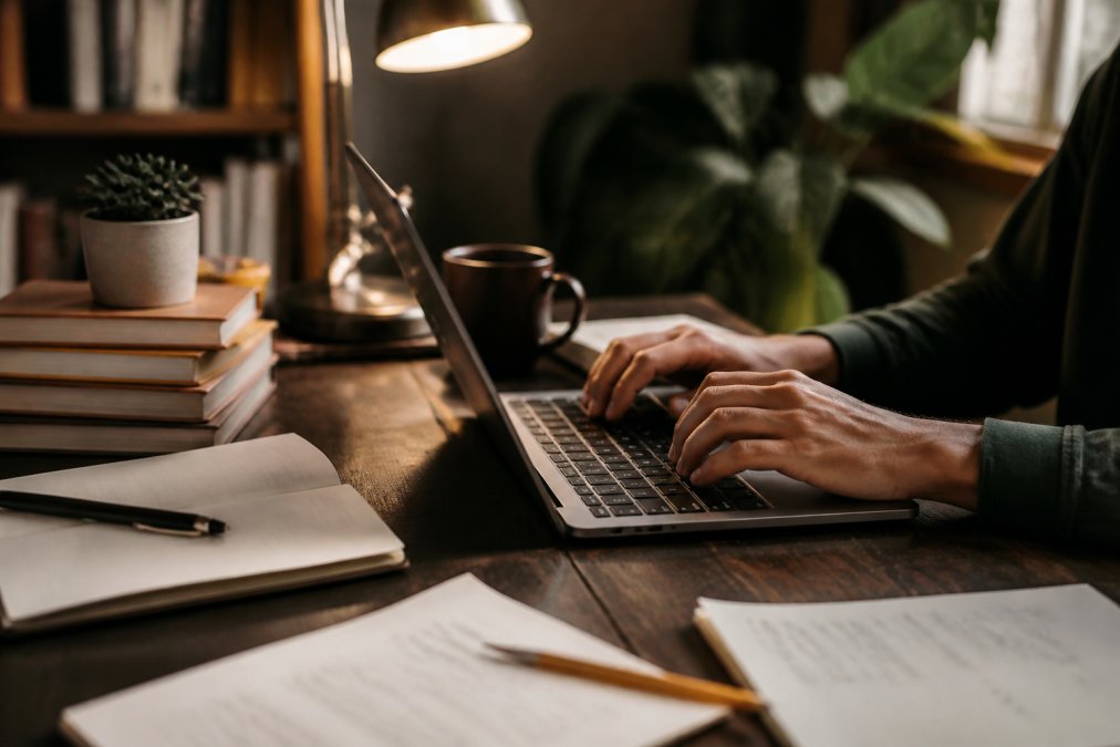 Close-up of hands typing on keyboard with novel manuscript open on screen, creative workspace with books and writing notes visible, desk lamp lighting