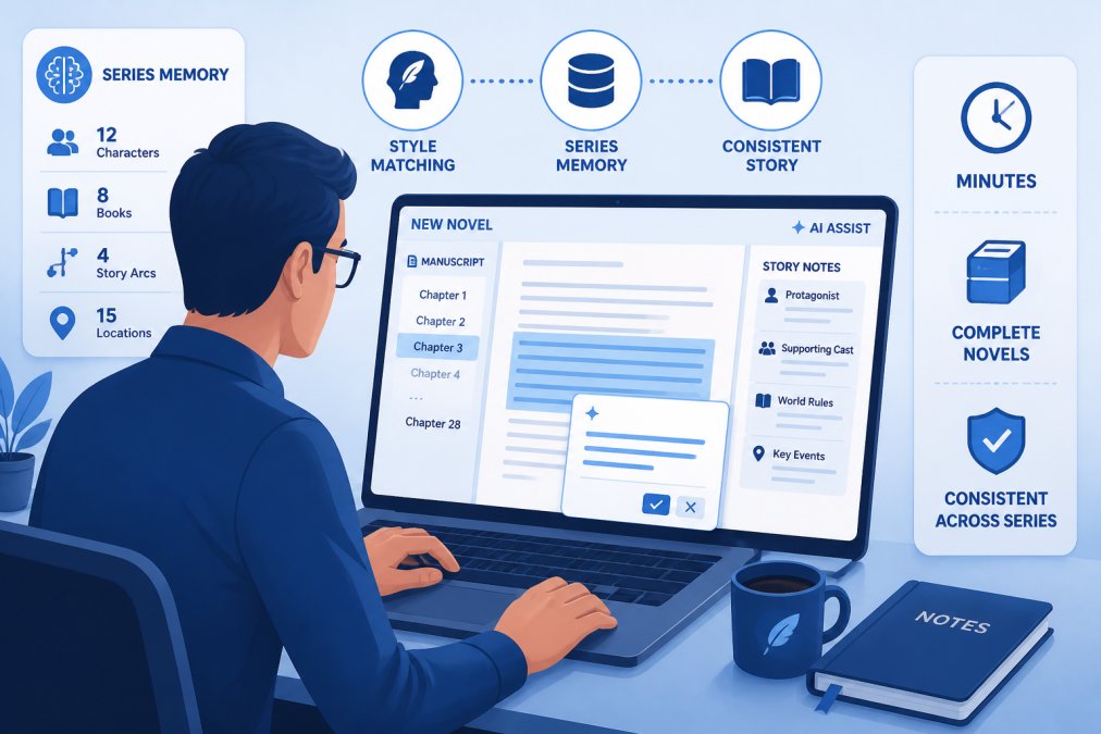 Writer at desk with laptop showing manuscript pages and story notes, coffee cup nearby, editing AI-generated text on screen with focused expression