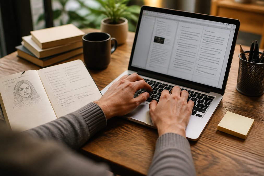 Close-up of hands typing on keyboard with character profile and story bible notes visible on monitor screen, warm desk lighting