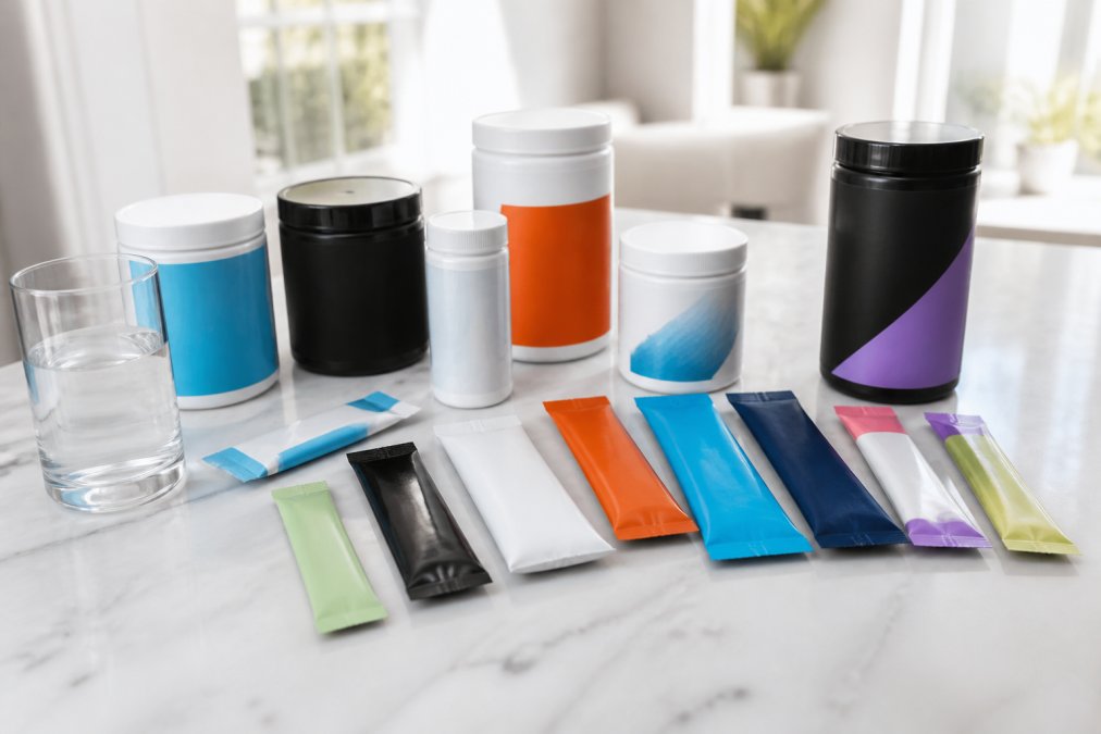 Flat lay of multiple electrolyte powder packets and containers in various colors arranged on a clean white surface with a glass of water beside them