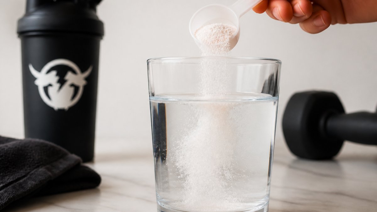Close-up of electrolyte powder being mixed into a clear glass of water, showing fine particles dissolving with visible clarity against a clean white background